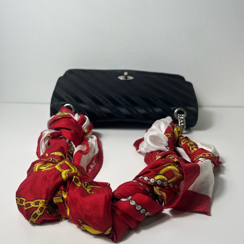 Balenciaga BB Satin Jacquard Black Logo Scarf Chain Shoulder Crossbody Bag Purse - Picture 6 of 13